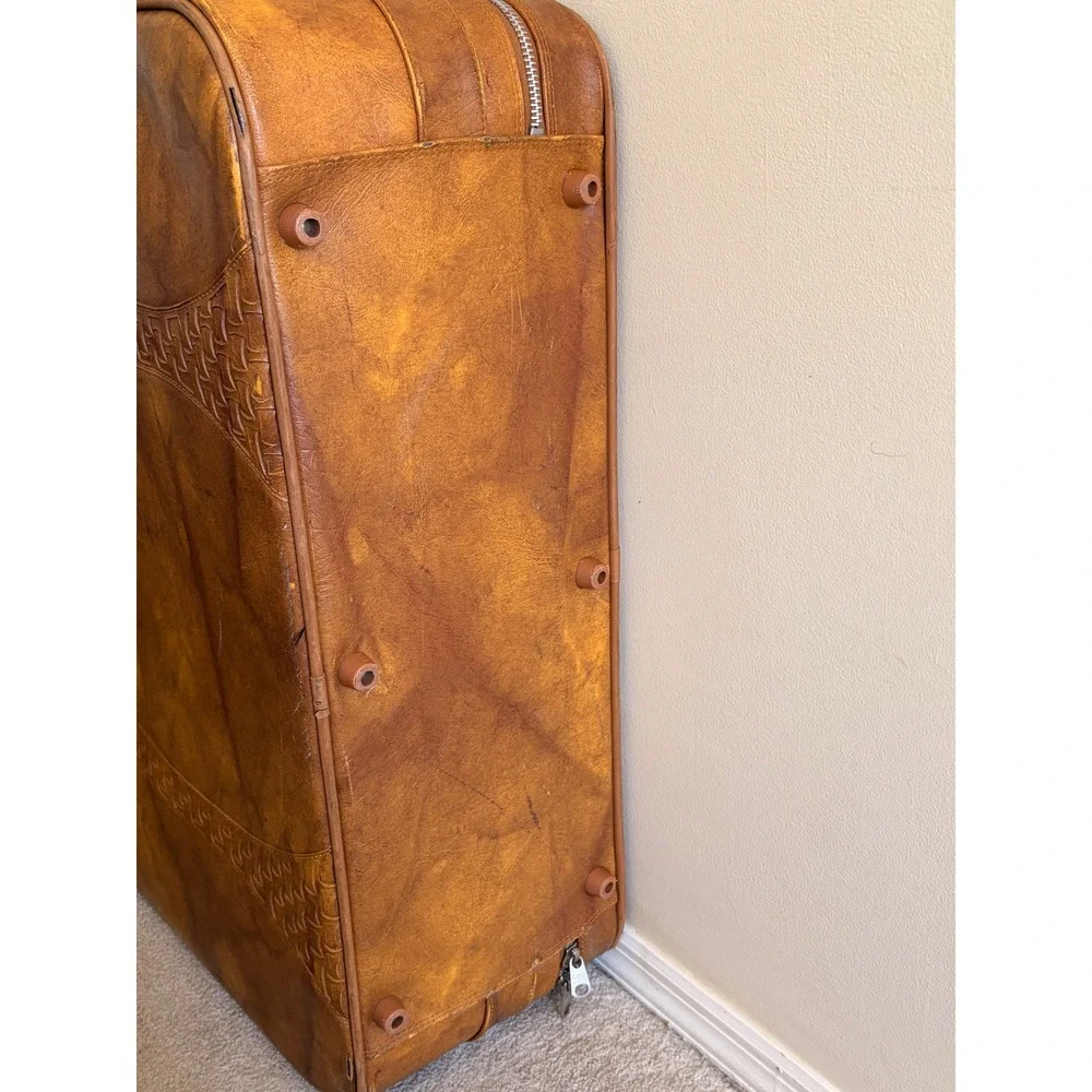 Vintage American Tourister 2 Piece Luggage Set Brown Faux Leather Woven Detail